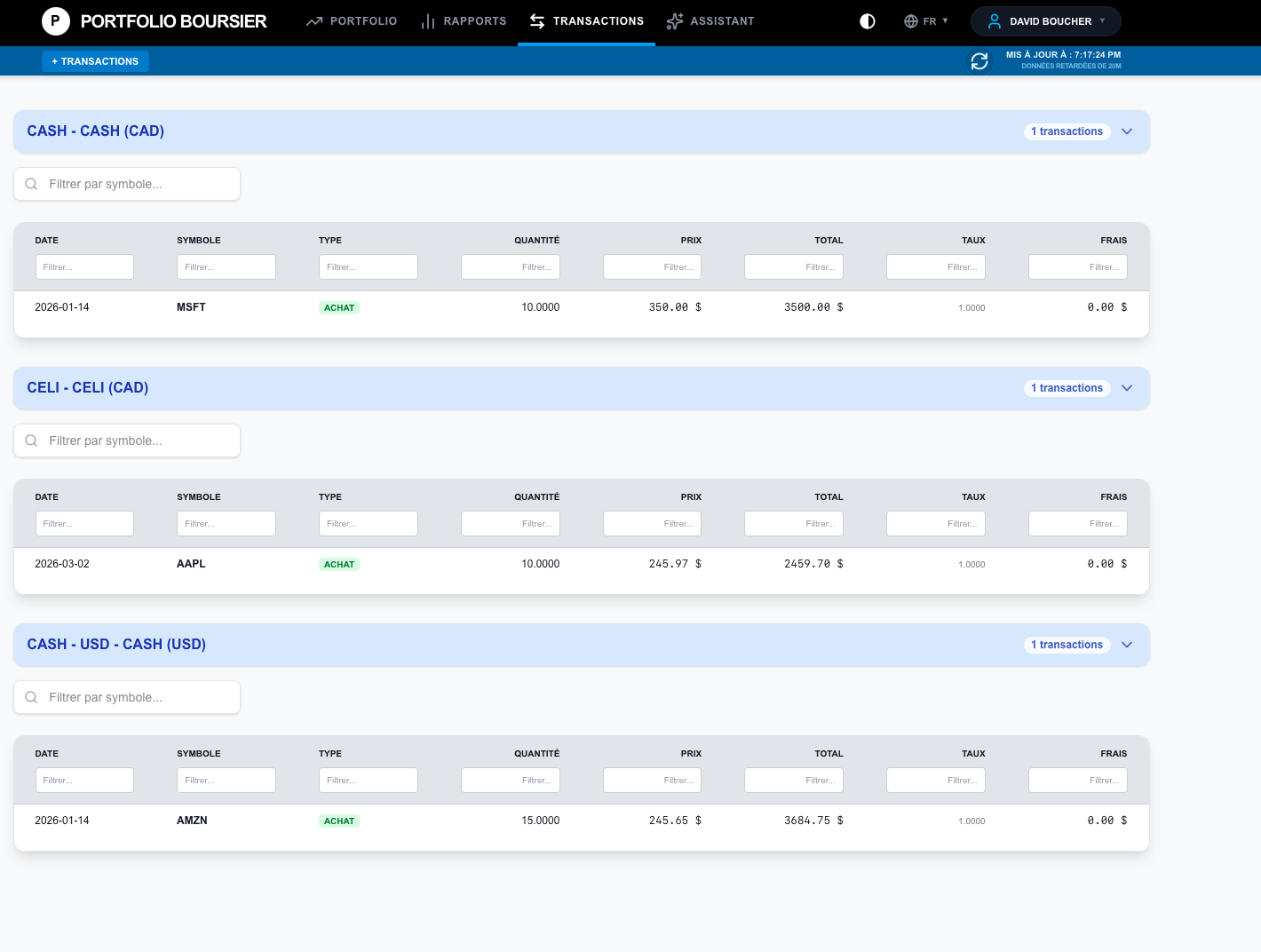 Transactions view